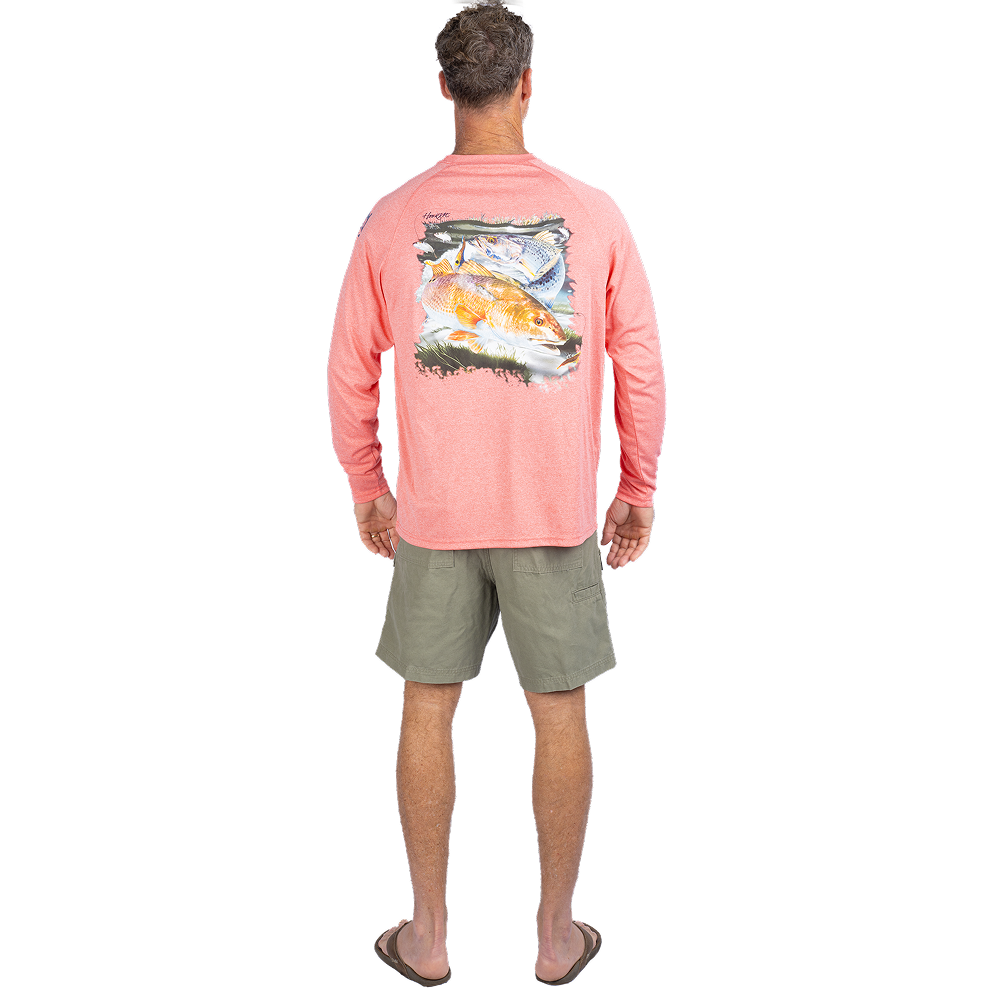 Hook M' Men's Long Sleeve Shirt - Redfish Trout 2 Cayenne Heather