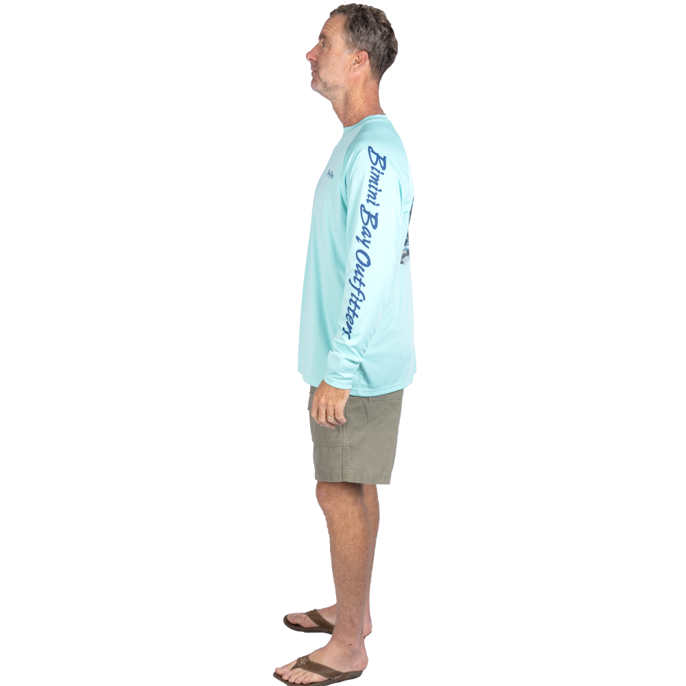 Hook M' Men's Long Sleeve Shirt - Striped Bass 4 Aqua